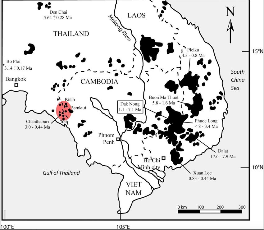 Khu vực khai thác mỏ Ruby (màu đỏ) ở biên giới Thailand-Cambodian: Chanthaburi-Trat (Thailand) và Pailin-Samlaut (Cambodia)