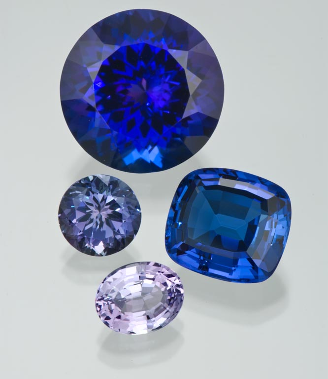 These gems show tanzanite’s color range, from an intense almost “sapphire” blue violetish blue, to a light, almost lavender, color. GIA