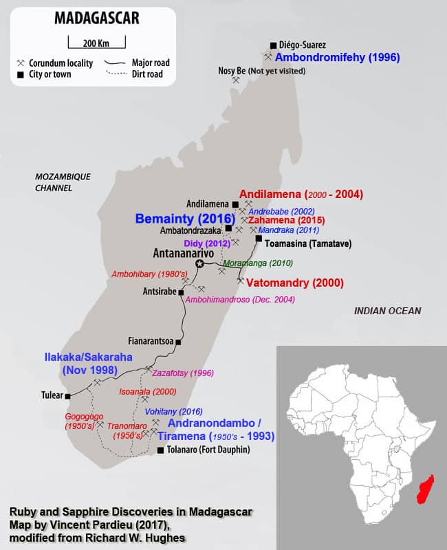 Map showing the main ruby and sapphire discoveries in Madagascar. Map courtesy: Richard W. Hughes (2006), modified and updated by Vincent Pardieu (2012).
