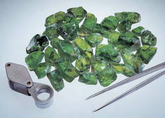 The larger peridot pieces from Sapat mine, Parkistan. Photo by Jeff Scovil. GIA