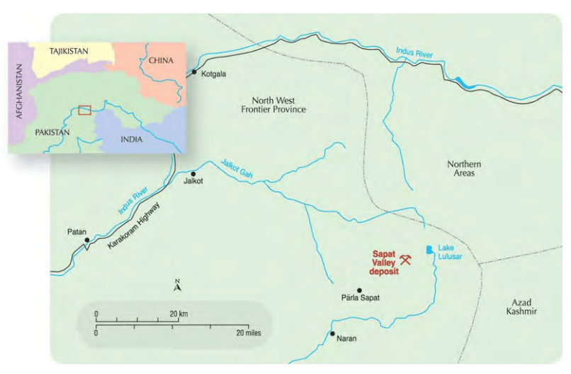 Bản đồ mỏ đá quý Peridot ở thung lũng Sapat, Pakistan. GIA