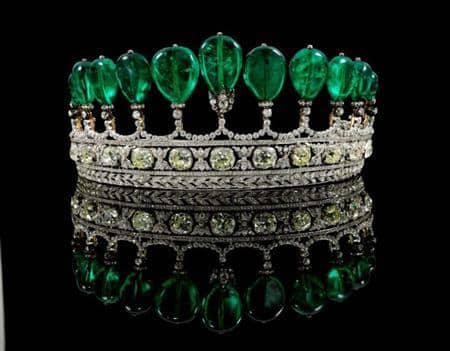 Katharina Tiara with 11 rare Colombian emerald pear-shaped drops totaling over 500 carats. 