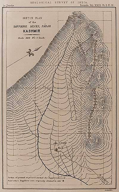 Sketch plan of the Kashmir sapphire mines, Pádar, Kashmir. Scale 600 ft. = 1 inch
