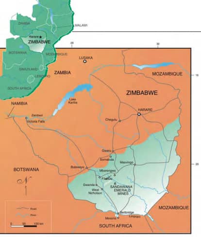 The Sandawana emerald mines are located in southern Zimbabwe, 65 km by gravel road from Mberengwa, the nearest village.