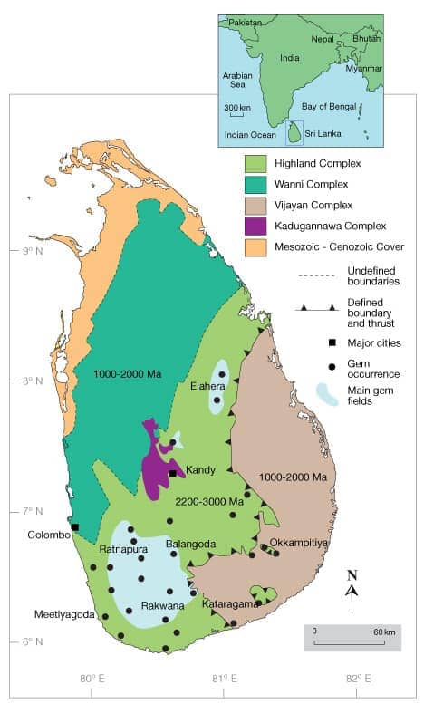 Map of gem deposit areas in Sri Lanka.